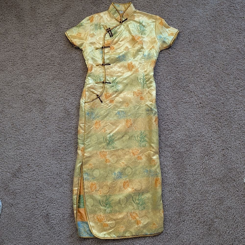 Visifushi XXXL Womens Gold Yellow Floral Chinese Cheongsam Maxi Dress Size 44 - Picture 4 of 12